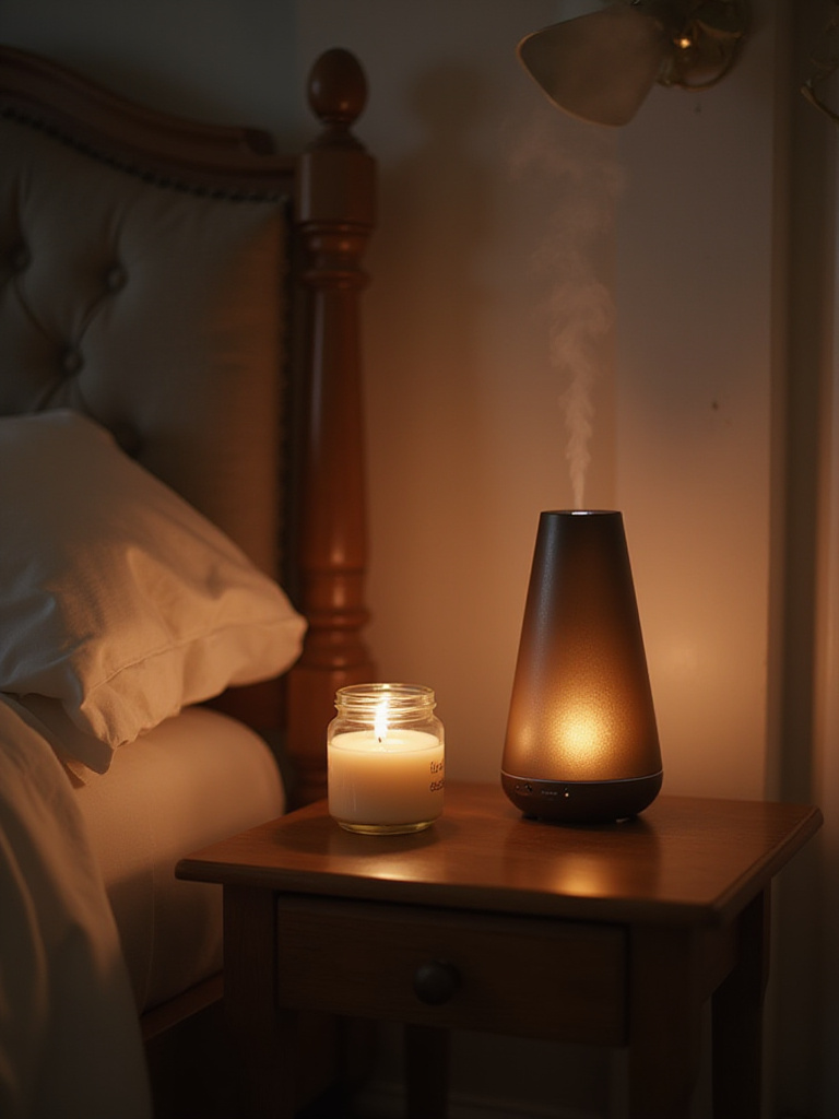 Scented candle and diffuser on a bedside table creating a relaxing atmosphere in a bedroom