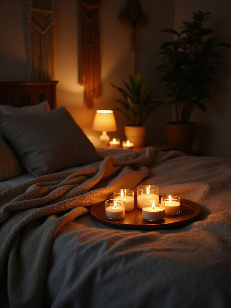 Boho bedroom decor with scented candles providing a relaxing ambiance.