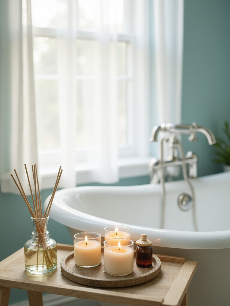 Bathroom with candles, diffuser, and essential oil for relaxation