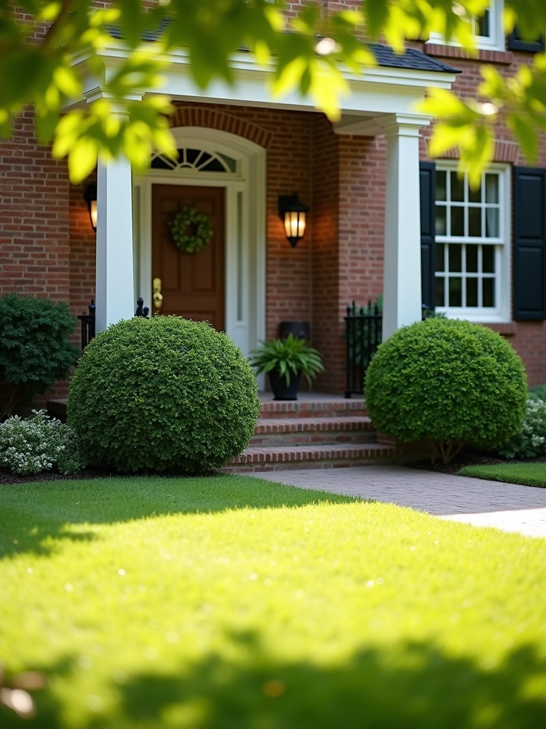 Elegant boxwood topiary spheres flanking a front door, enhancing curb appeal.