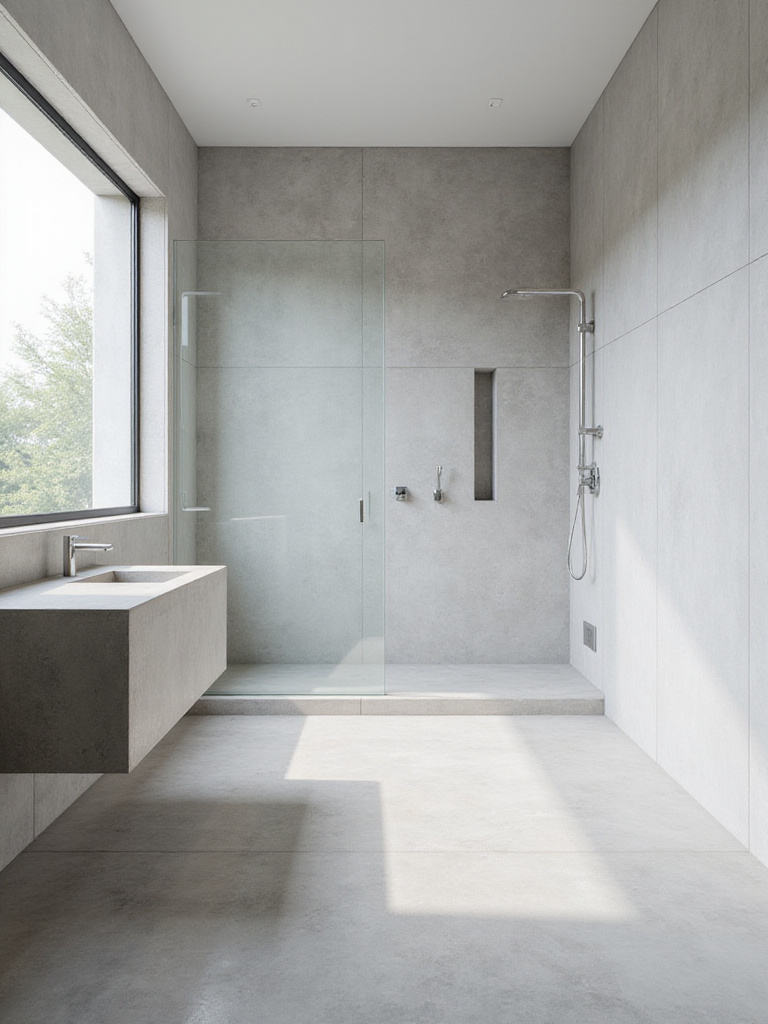 Modern minimalist bathroom with large format light gray tiles on walls and floor.