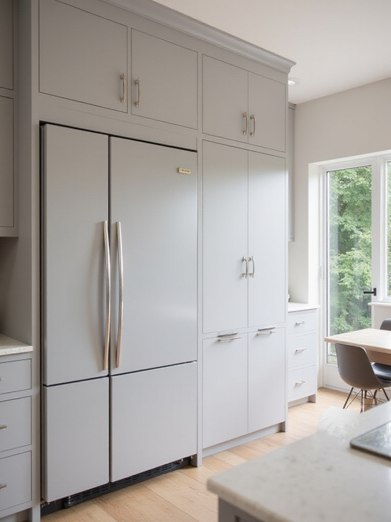 Contemporary kitchen with seamlessly integrated refrigerator and dishwasher hidden behind matching cabinet panels.