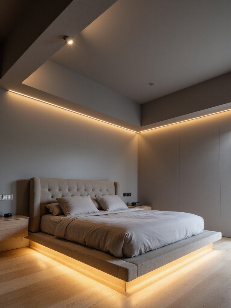 Modern bedroom with seamlessly integrated built-in lighting, including cove lighting, LED strips under the bed, and recessed spotlights.