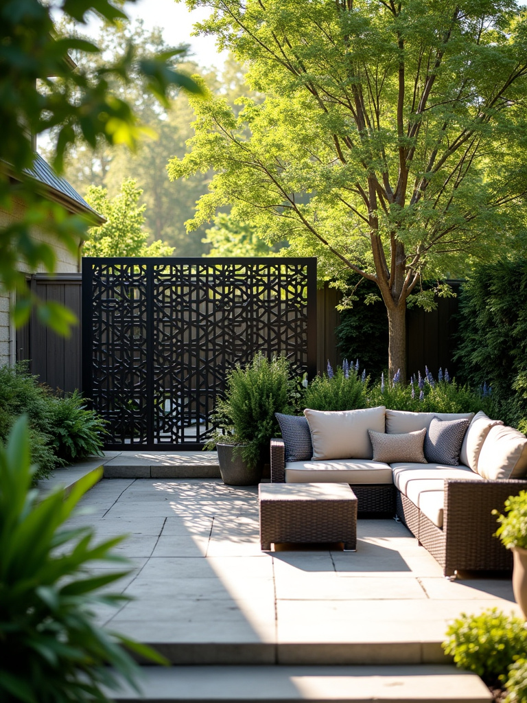 Backyard patio with modern metal decorative screen providing privacy.