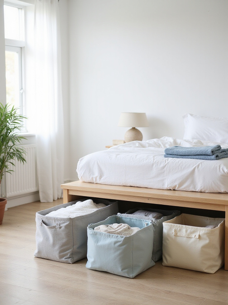 Under bed storage bins with neatly folded clothes in a minimalist bedroom.