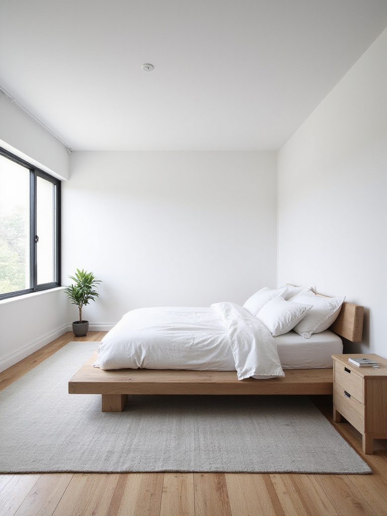 Minimalist bedroom with light grey solid color rug under platform bed.