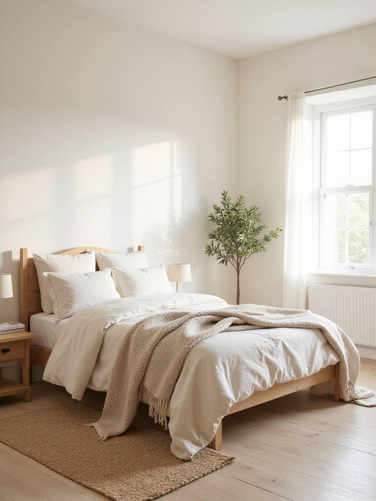 Serene bedroom with neutral color palette and natural textures.