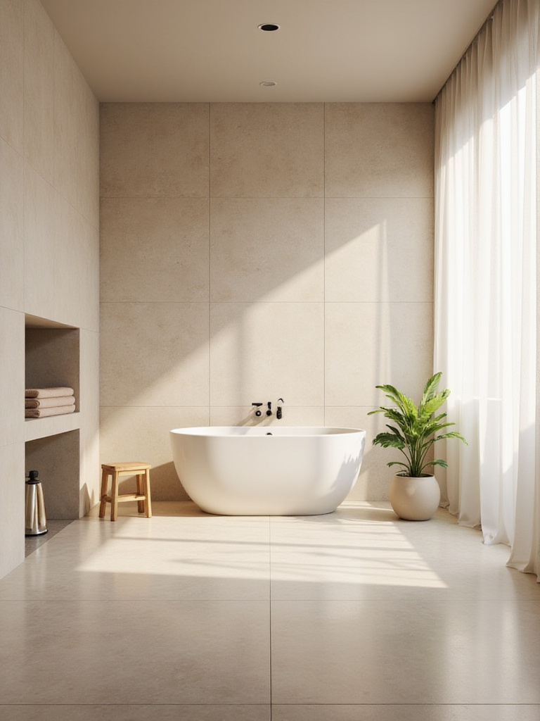Serene bathroom with beige porcelain tiles and a freestanding bathtub.