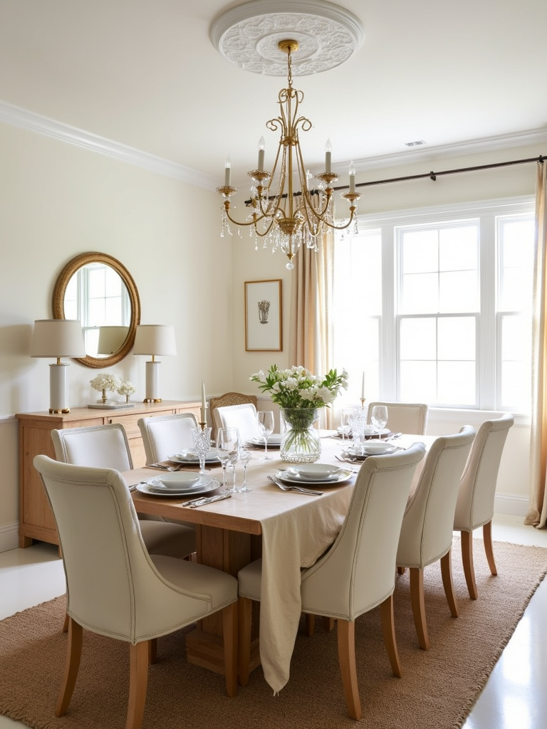 Serene dining room with a timeless neutral color scheme.
