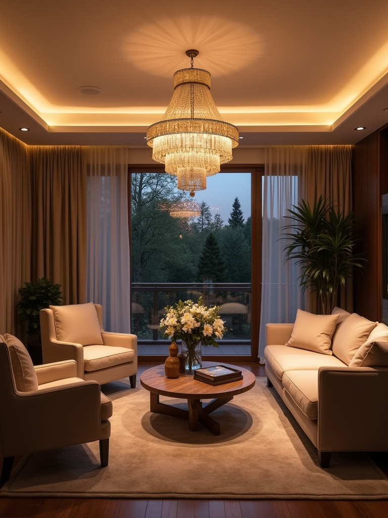 Welcoming living room with soft ambient lighting from chandelier and recessed lights