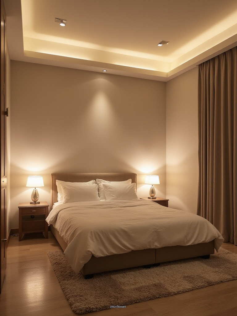 Dreamy bedroom with warm, inviting ambient lighting.