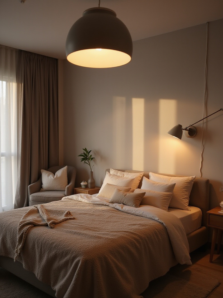 Bedroom with dimmable overhead lighting creating a relaxing evening atmosphere