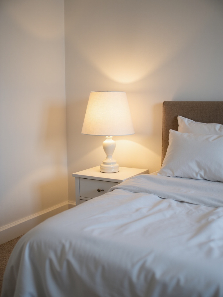 Serene white bedroom illuminated by soft white bedside lamps