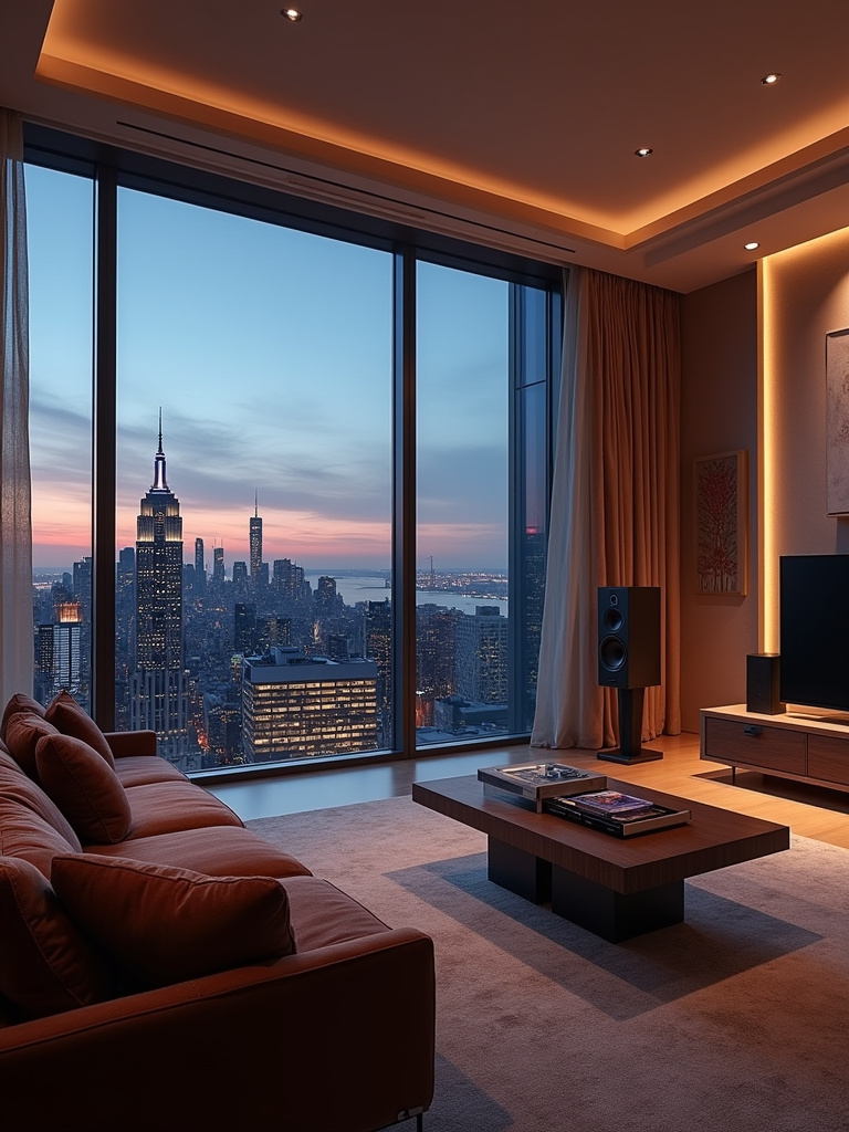 Luxurious living room with high-end sound system and city view