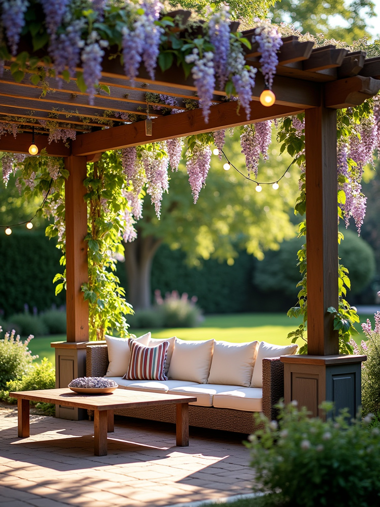 Beautiful backyard pergola with wisteria, creating a shaded outdoor living space.