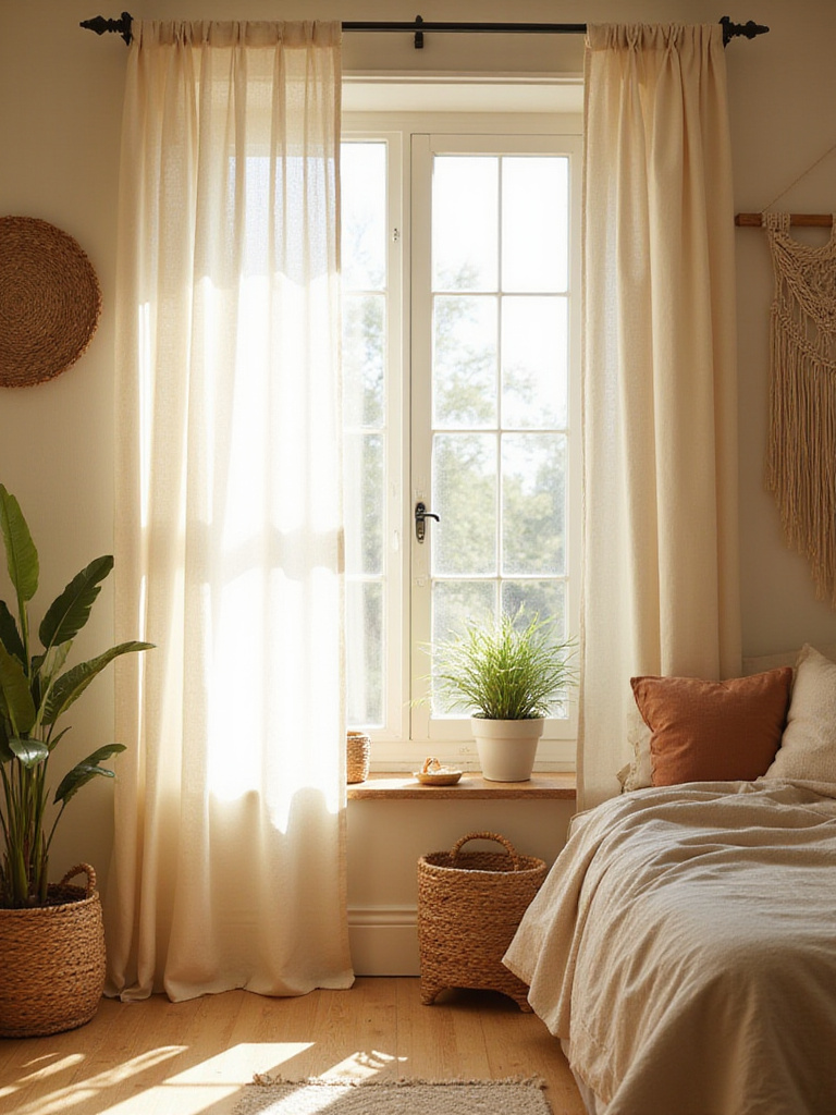 Boho bedroom with light cream sheer curtains filtering soft sunlight.