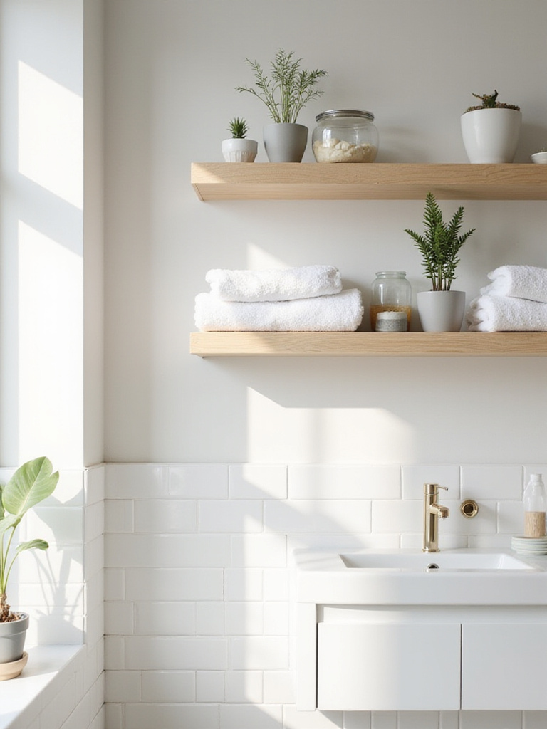 Modern bathroom with stylish floating shelves displaying towels and decorative items.