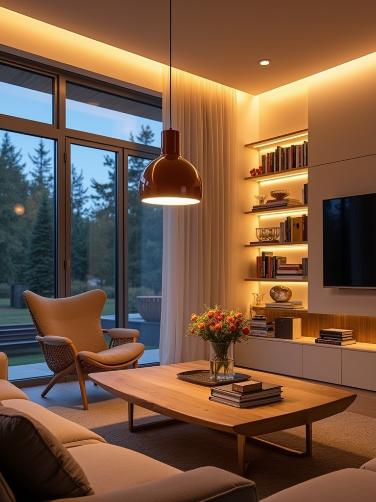 Eco-friendly LED lighting in a modern living room, showcasing energy efficiency and stylish design.