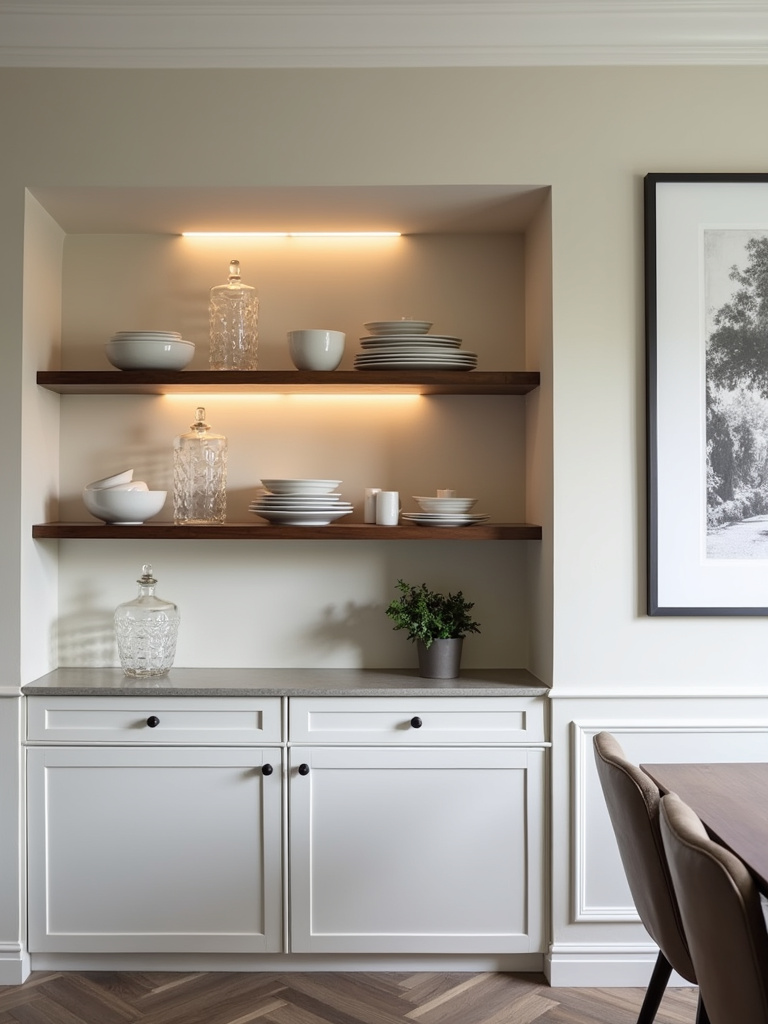 Dining room open shelving with curated display of dinnerware, glassware, and artwork.