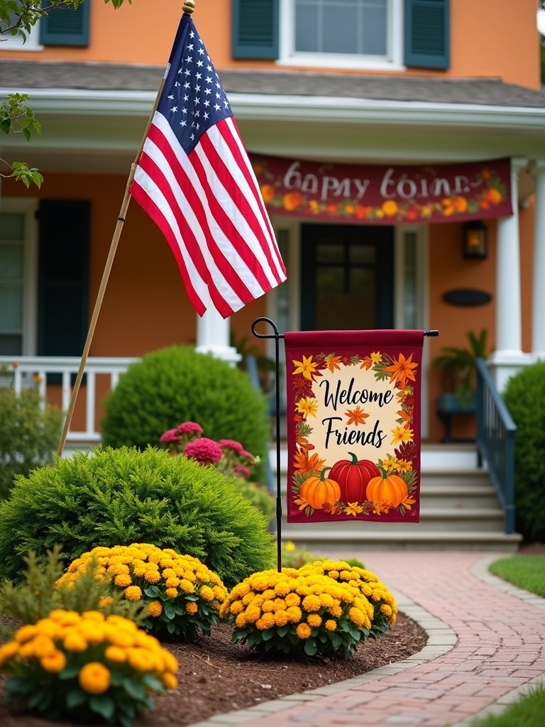 Festive front yard decor featuring American flag, autumn garden flag, and welcome banner