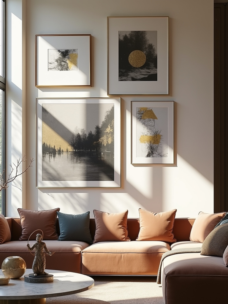Luxurious living room with a curated art collection displayed on a gallery wall.