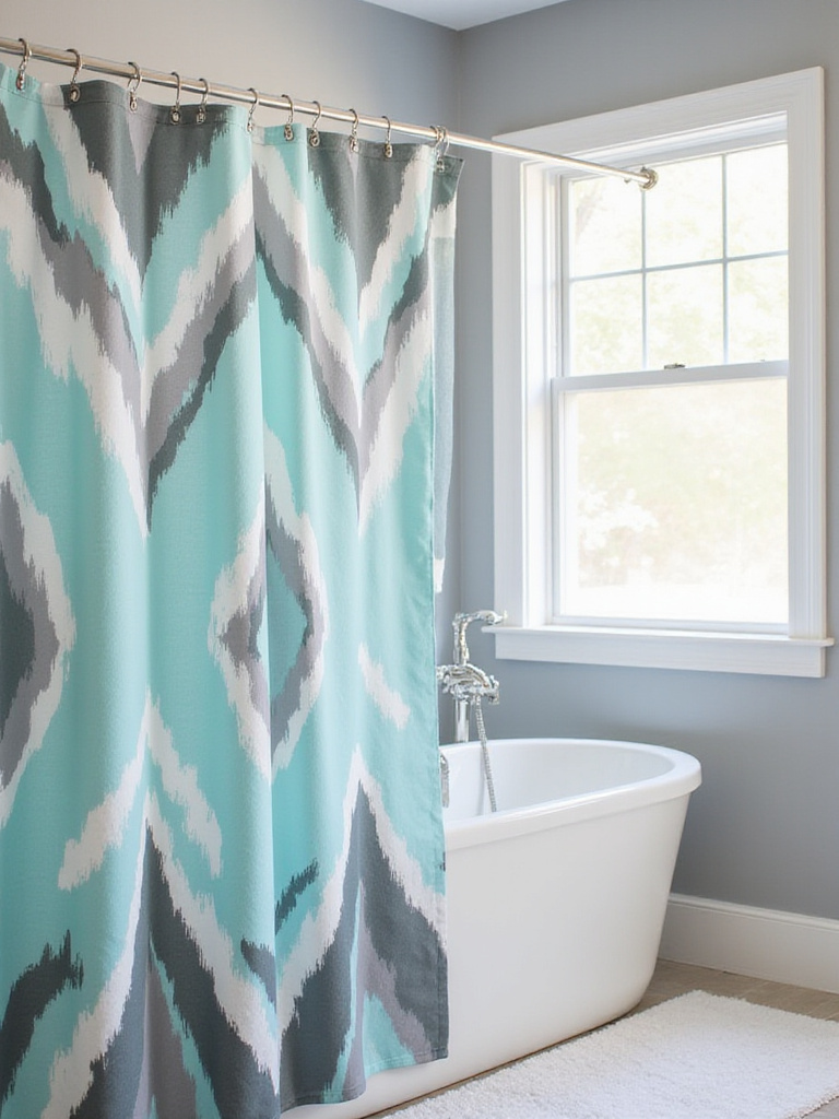 Bathroom featuring a bold geometric shower curtain in teal, gray, and white.