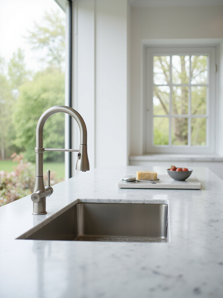 Modern kitchen design showcasing a stainless steel sink with a high-arc pull-down faucet.