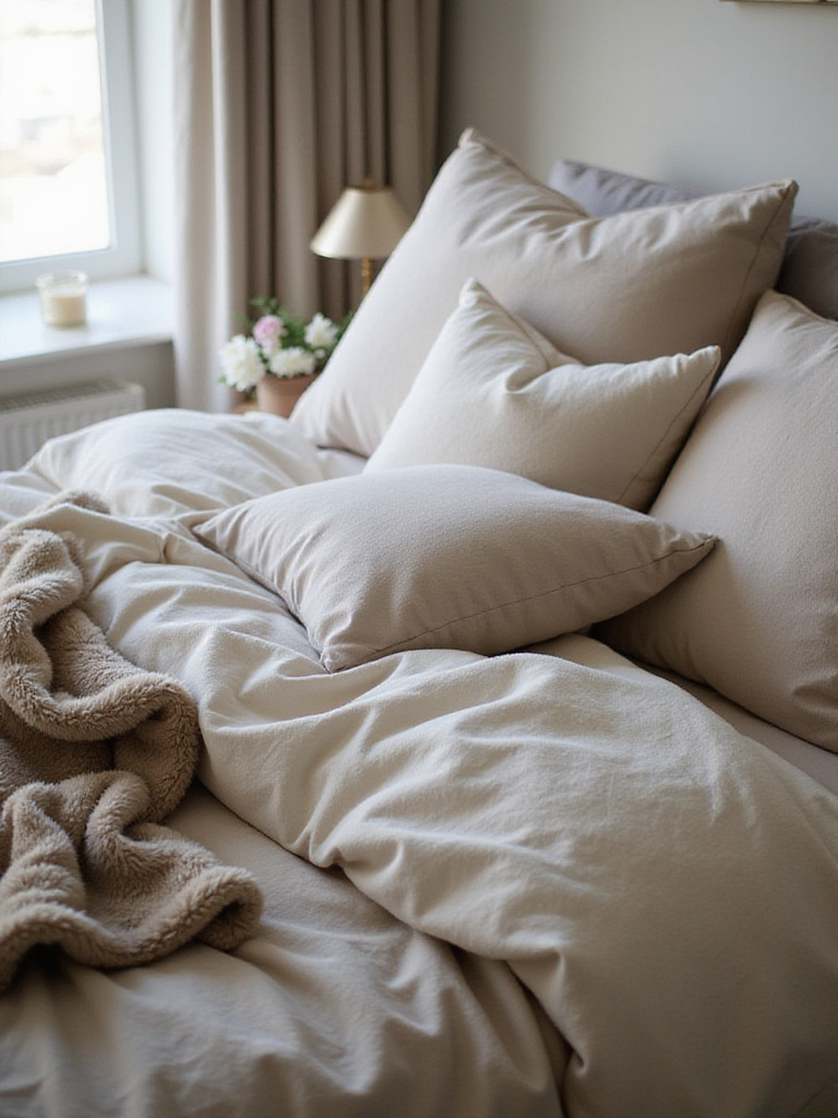 Luxurious plush bedding with layers of comforters, pillows, and a faux fur throw, creating a cozy and inviting bedroom sanctuary.