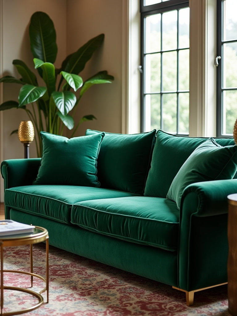 Emerald Green Velvet Sofa in Luxurious Living Room