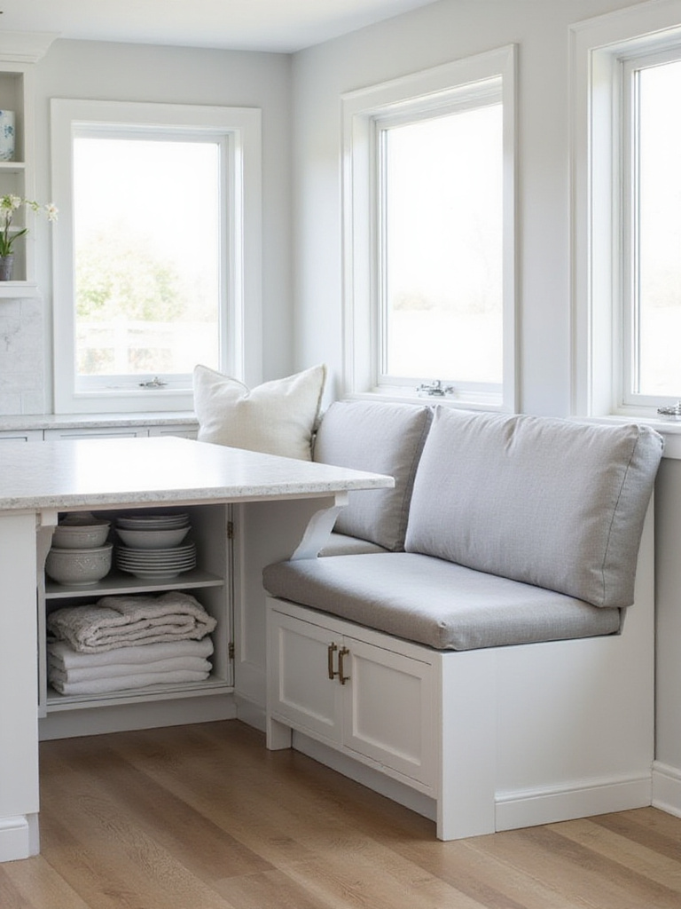 Kitchen island with banquette seating featuring hidden storage compartments under the seat.
