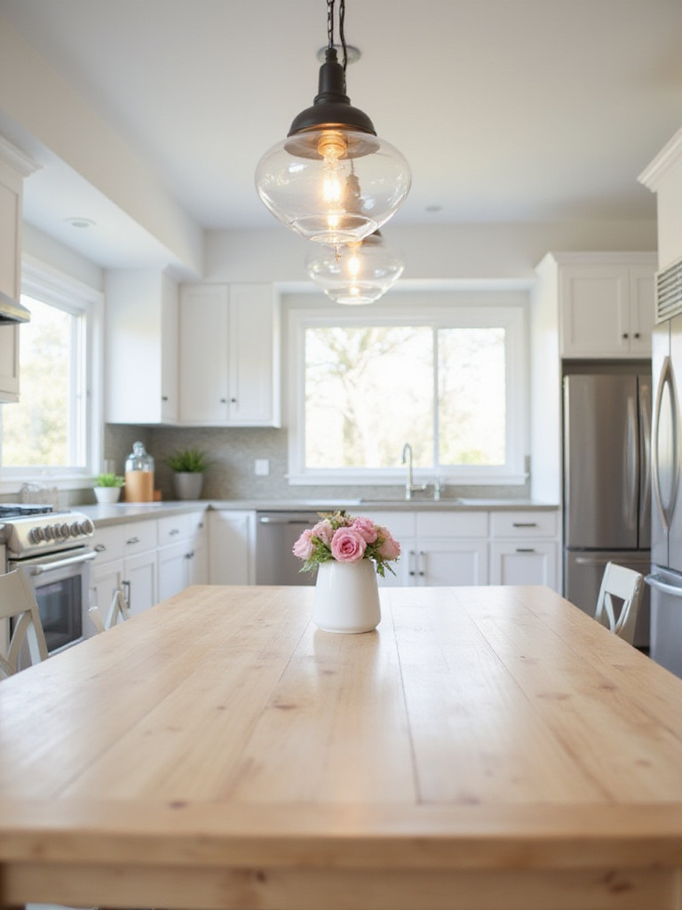Kitchen table with three small glass pendant lights hanging above, showcasing proportional lighting design.