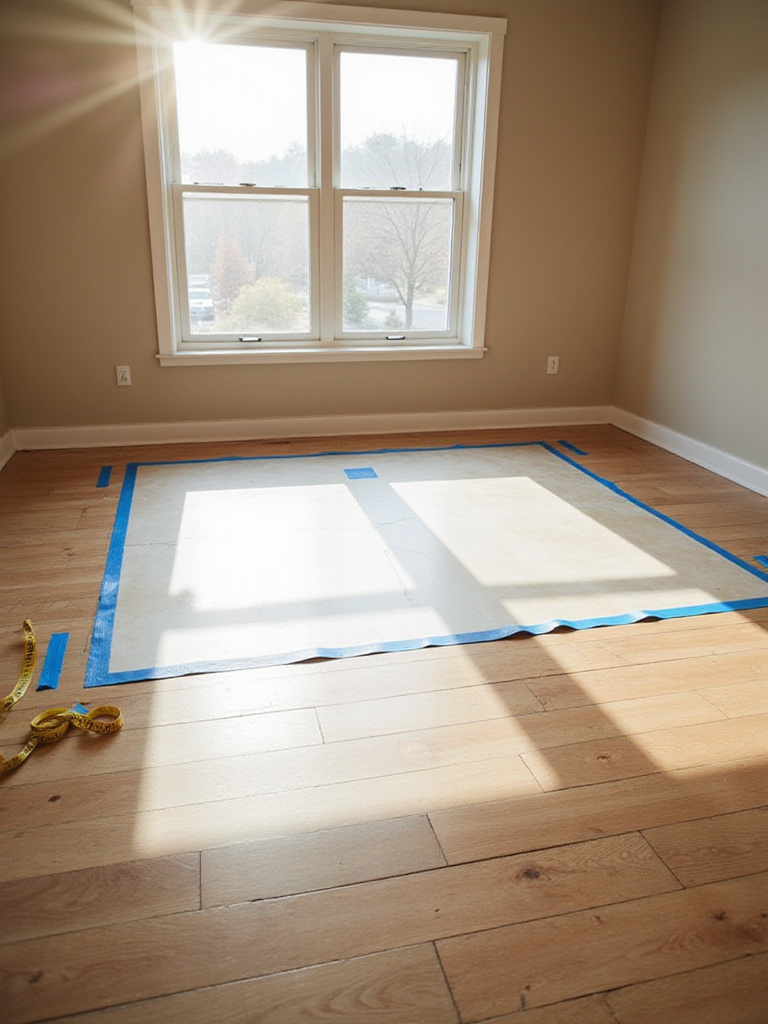 Living room with painter's tape outlining couch dimensions on the floor.
