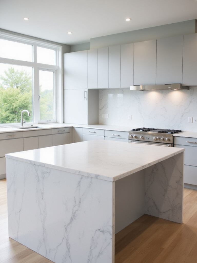 Modern kitchen island with white quartz countertop and waterfall edge.