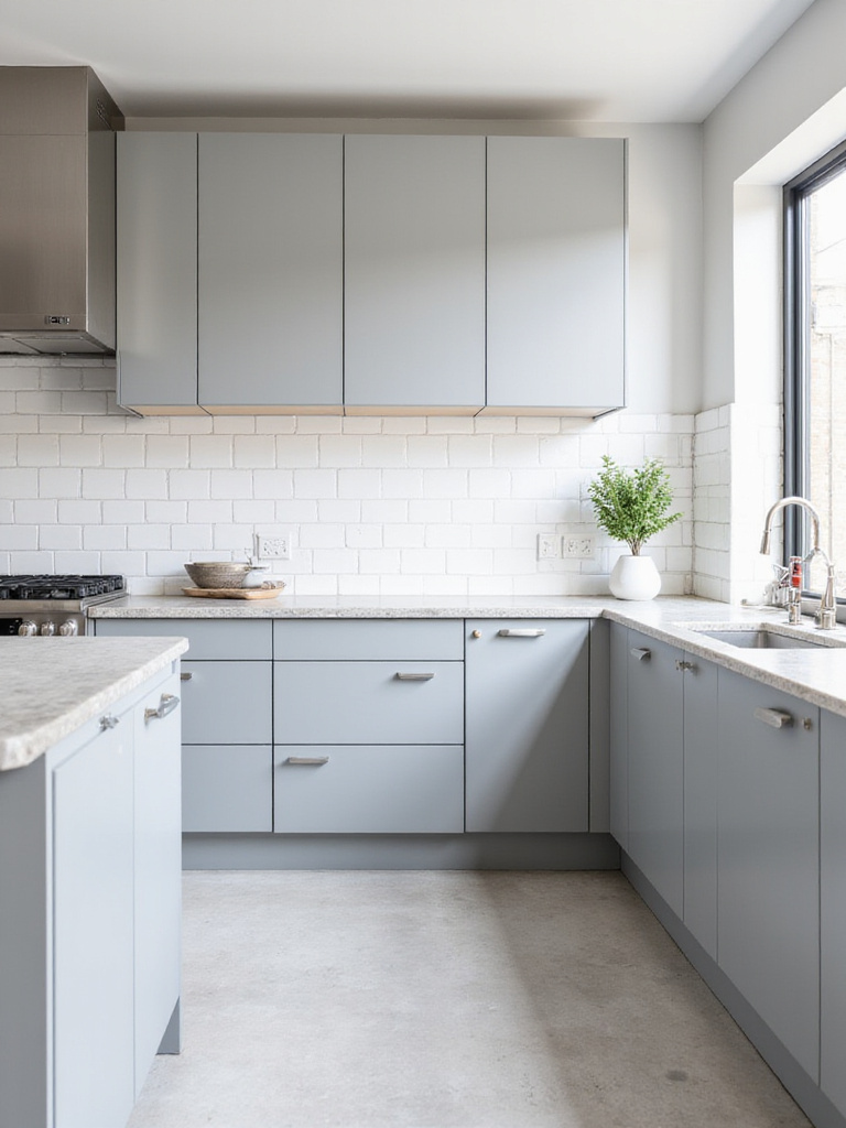 Modern kitchen with sleek grey slab cabinets and marble countertops