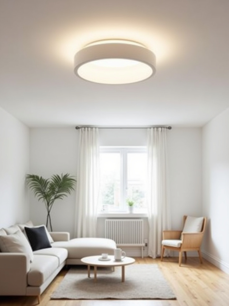 Sleek LED flush mount light in a modern living room with low ceilings.