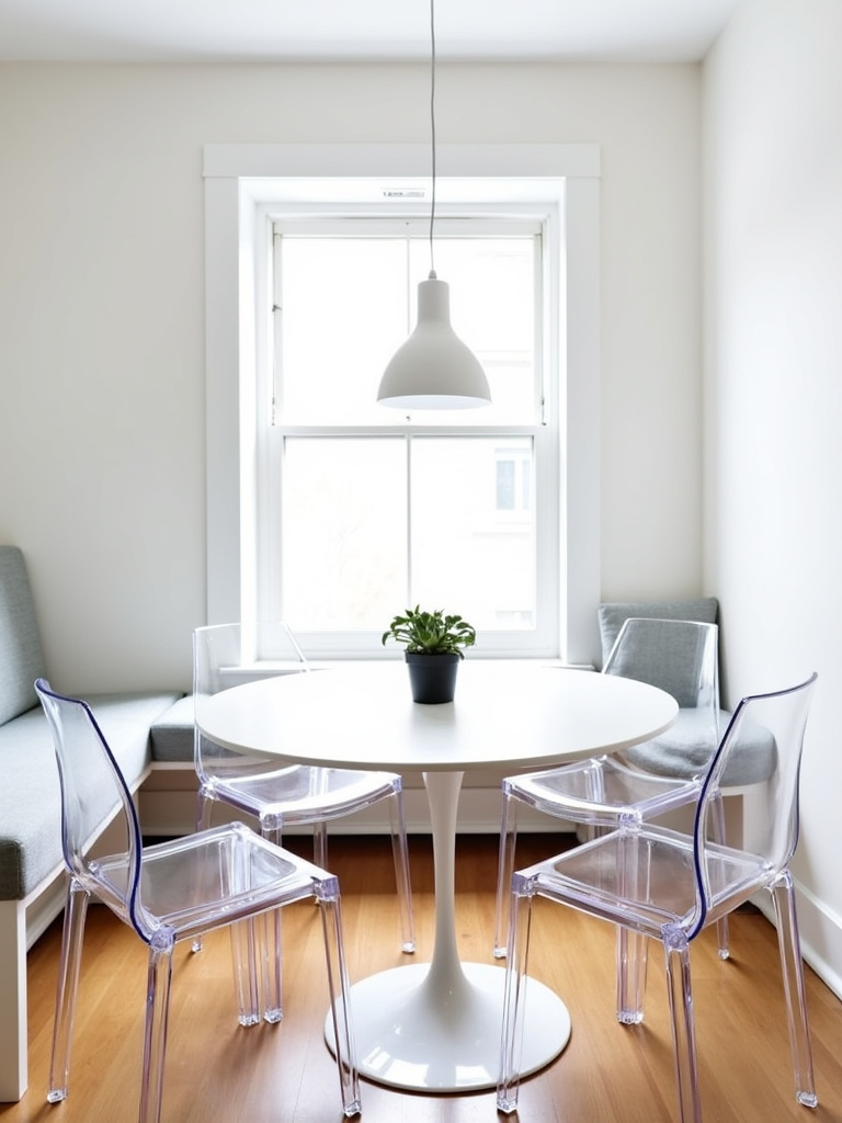Modern small space dining area with round white pedestal table and transparent chairs.