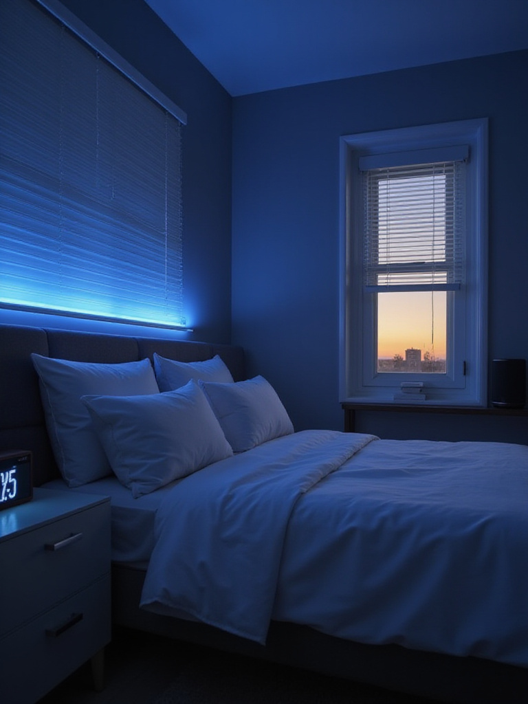 Modern bedroom with smart lighting, smart blinds, and smart alarm clock