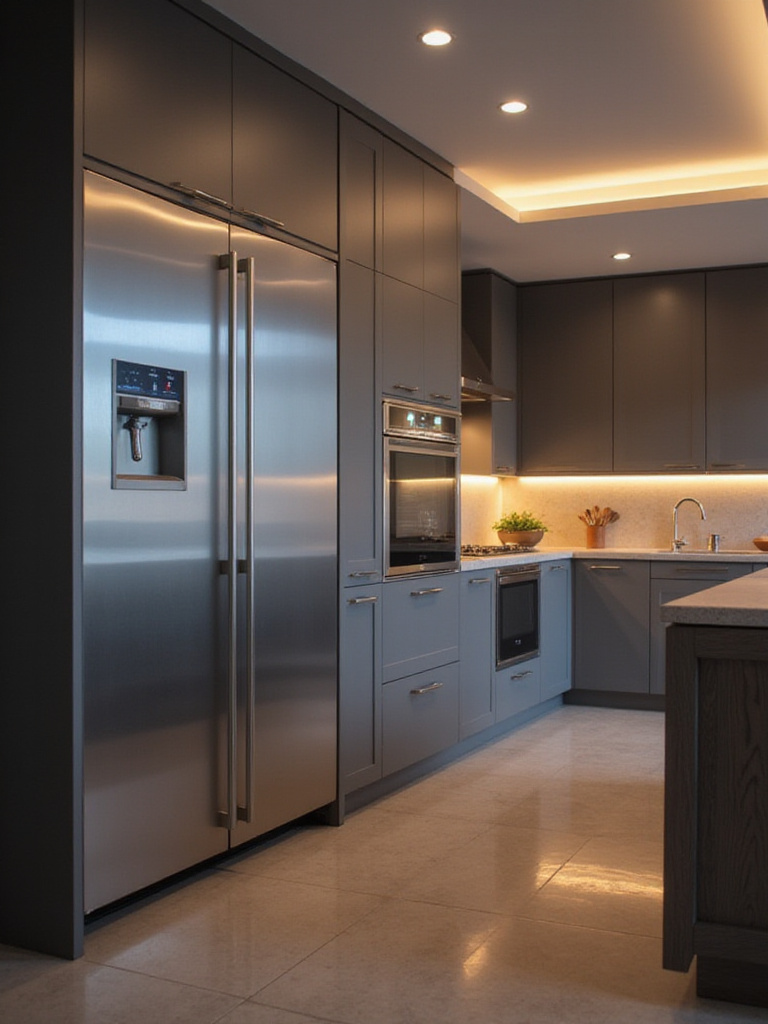Modern kitchen with integrated smart appliances and technology.
