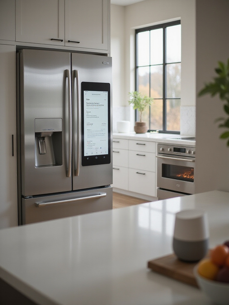 Modern kitchen with smart appliances, including a smart refrigerator, smart oven, and voice assistant.