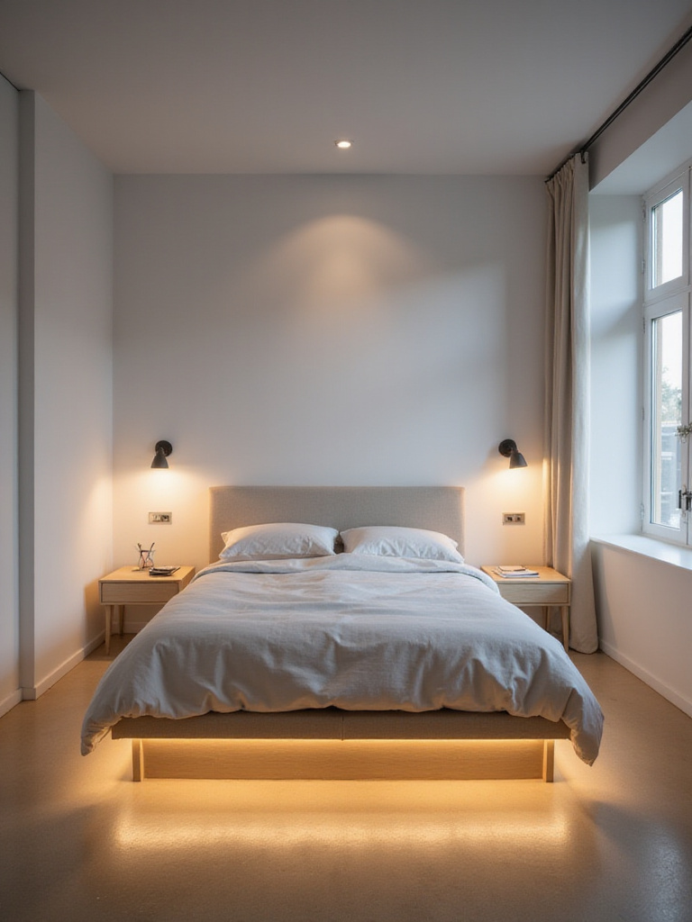 Small bedroom with smart lighting, including LED strip lights under the bed and smart sconces on the wall.