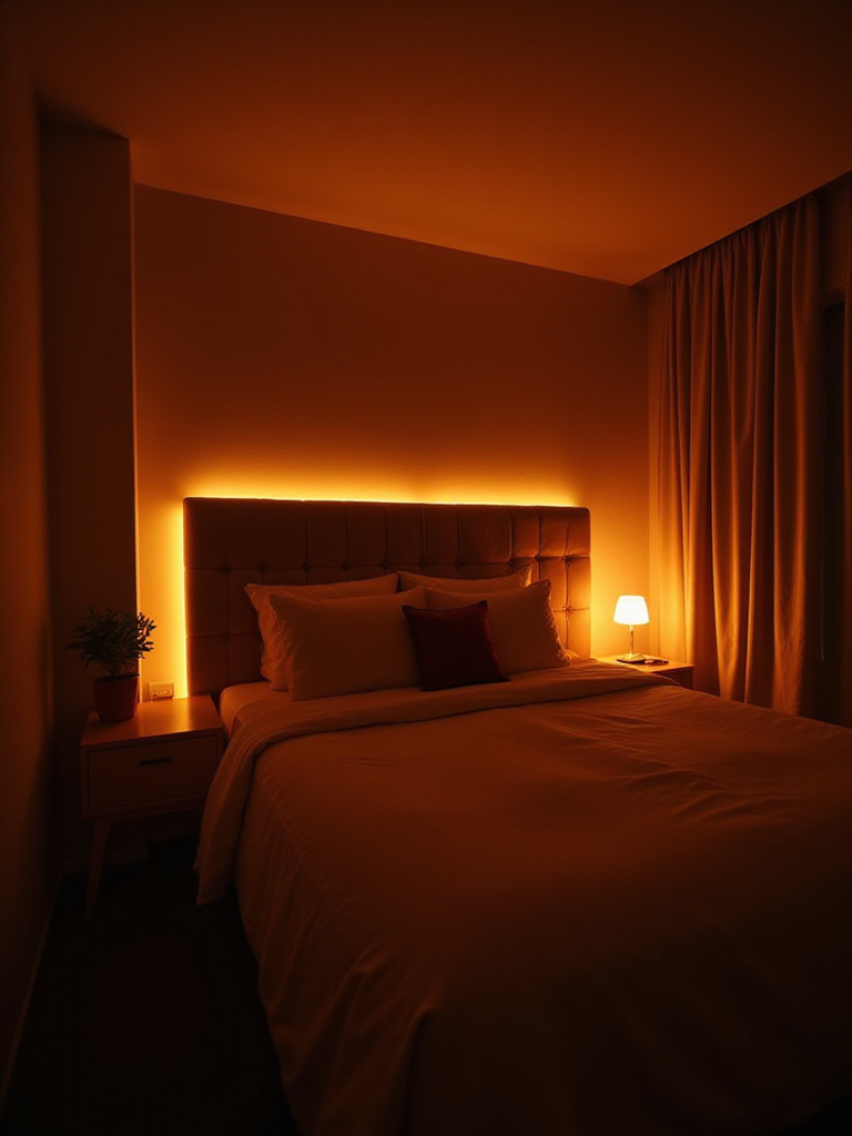 Modern bedroom with smart LED strip lights creating a warm, relaxing ambiance.