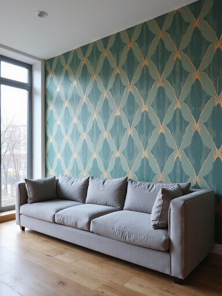 Living room with gray sofa and teal and gold geometric wallpaper accent wall.