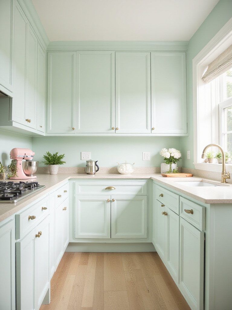 Light and airy kitchen with soft pastel green walls and white shaker cabinets.
