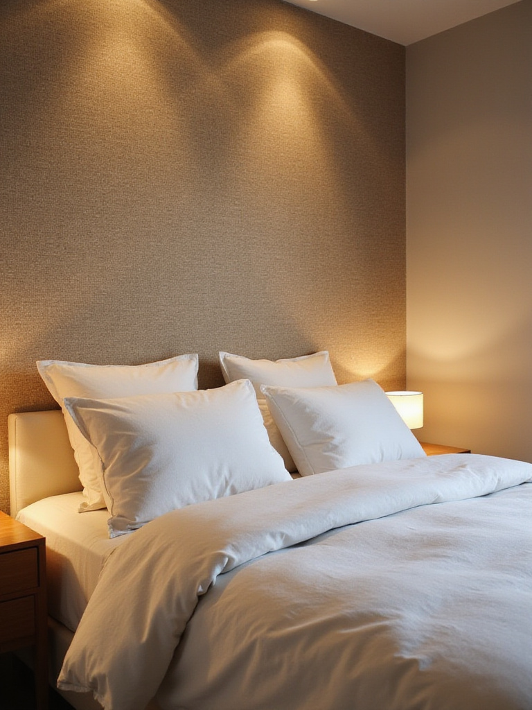Cozy bedroom with grasscloth textured wallpaper accent wall