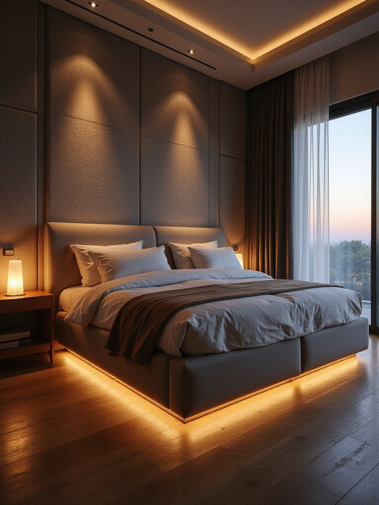 Modern bedroom with soft, indirect lighting creating a relaxing ambient glow.