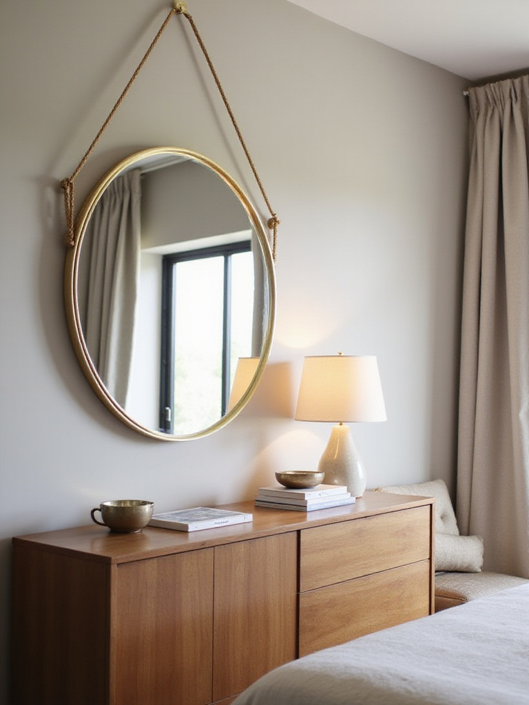 Circular gold-framed mirror hanging above a wooden dresser in a modern bedroom.