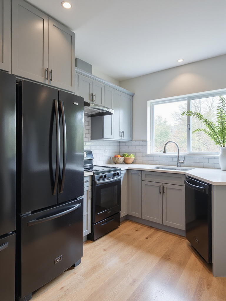 Contemporary kitchen with black stainless steel appliances, light gray cabinets, and white quartz countertops.