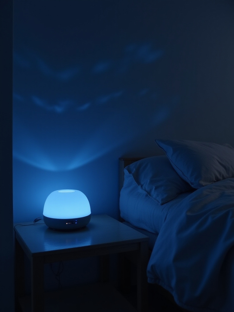 Bedroom with a sound machine projecting soft waves onto the wall, creating a relaxing ambiance.