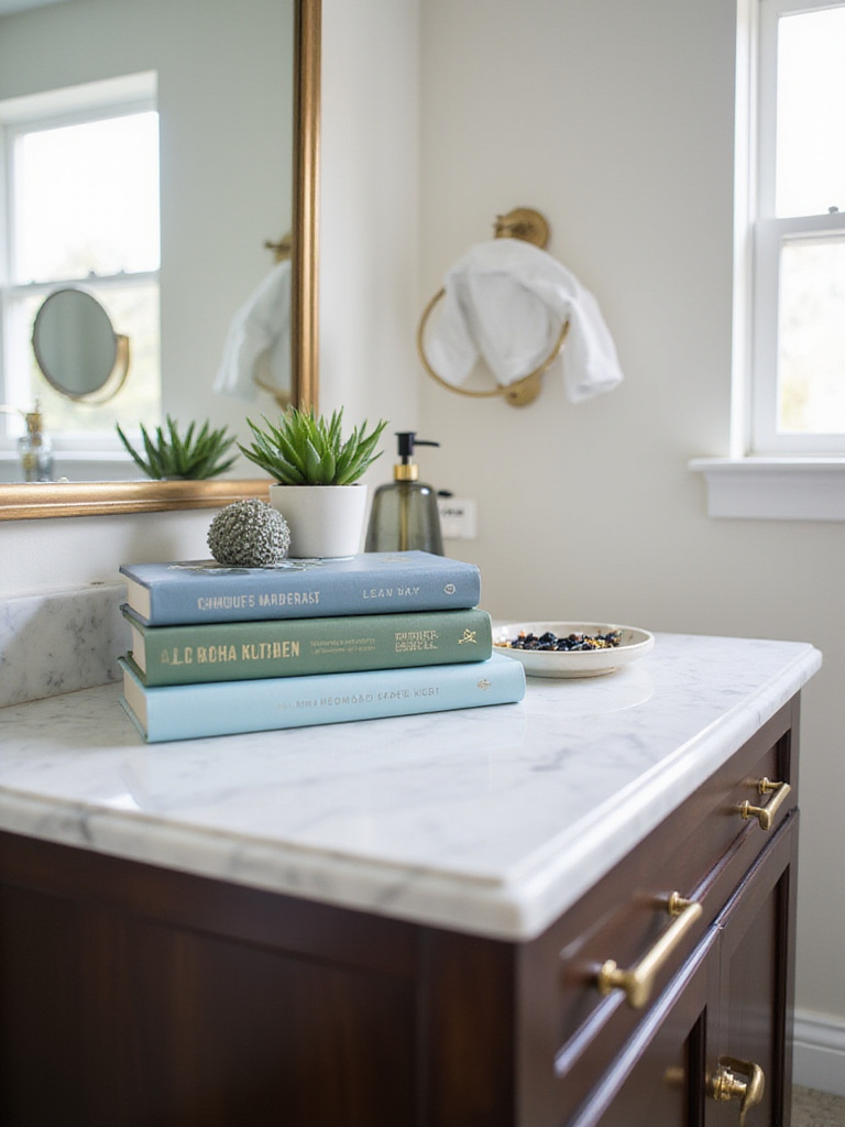 Bathroom vanity with stack of stylish books and decorative succulent