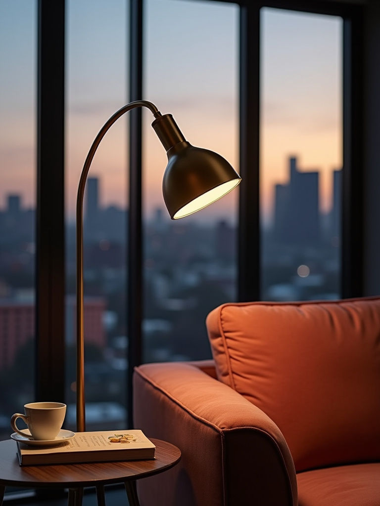 Modern living room with arc floor lamp providing warm light over a velvet sofa.